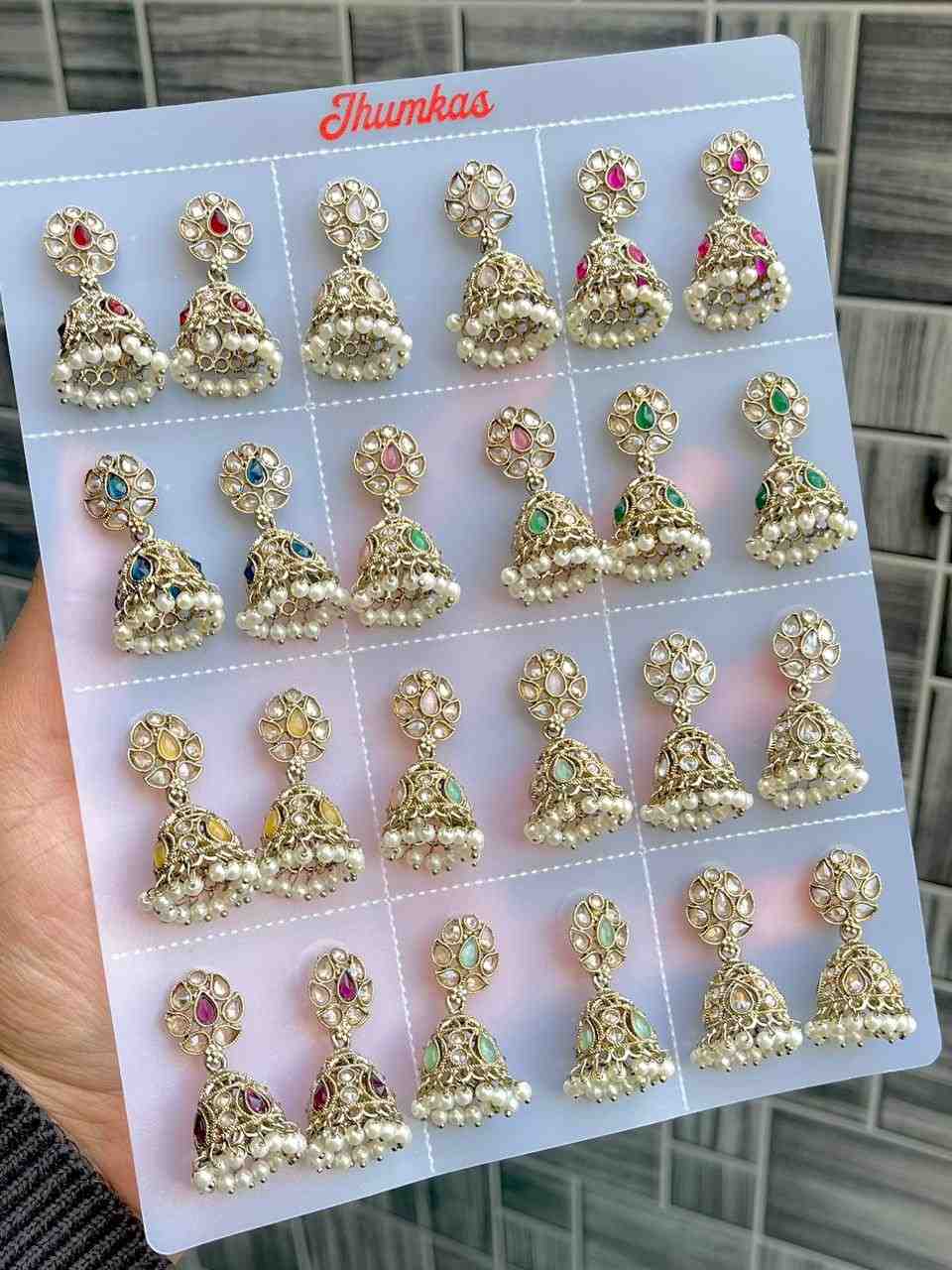 Beautiful Premium Quality  Reverse Ad Stone Work Polky Jhumkies Card Of 12 Pairs